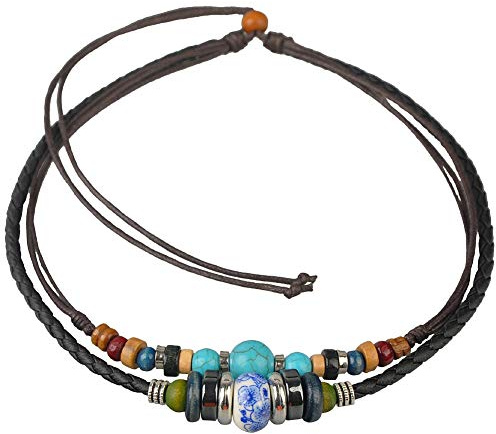 Collar Tribal – Cuero Negro y Cuerda de Cáñamo Marrón con Cuenta de Porcelana, Madera y Metal – Ajustable 37 cm Unisex