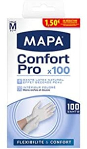 MAPA - Confort Pro - Gants Fins Ménagers en Latex – Recyclables avec TerraCycle - Flexibilité et Confort maximal - 1 boîte de 100 gants - Taille M