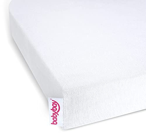 Babybay sábana bajera ajustable Jersey Deluxe para los modelos Maxi, Midi, Boxspring, Comfort y Comfort Plus, blanco, 89 x 50 cm (1 unidad)