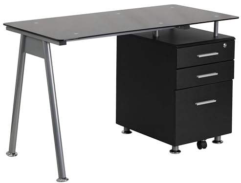 Flash Furniture Computertisch mit 3 Schubladen, Metall, Schwarze Glasplatte/silberner Rahmen, 128.270000000000001 x 67.31 x 13.97 cm