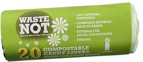 Waste Not Compostable Caddy Liner, 100% Natural Material, 100% Biodegradable Bin Bags, 10L Capacity, Roll of 20