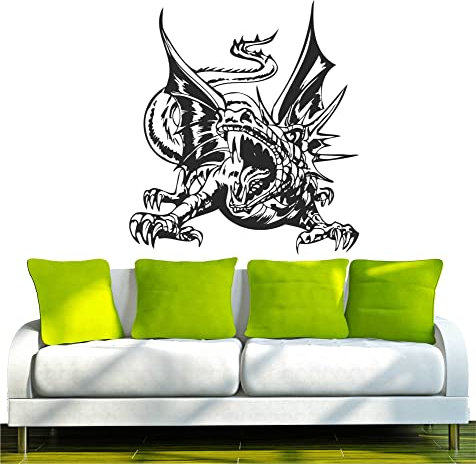 INDIGOS UG - Wandtattoo Wohnzimmer - Wandaufkleber Drachen Feuer Monster 120x108cm, schwarz w354 Drachen - Aufkleber Kinderzimmer Schlafzimmer Küche Badezimmer Büro Dekoration
