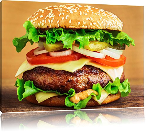 Pixxprint Hamburger Mc Donalds Cheesburger Burger Essen Fleisch, Größe: 80x60cm, Leinwandbild, fertig gespannt, Wandbild, Dekoration, Kunstdruck, kein Poster