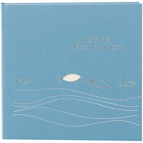 goldbuch 03022 Fotoalbum für die Kommunion, Ichthys, Erinnerungsalbum 25x25 cm, Fotobuch mit 60 weiße Seiten & 4 illustrierten Seiten Textvorspann, Foto Album mit Naturpapier, Blau