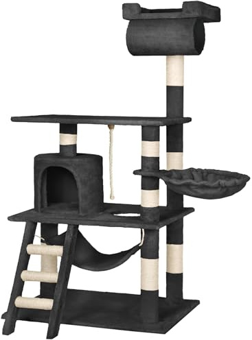 Tectake® Árbol Rascador para Gatos - Sisal Resistente, Casa con Nido Giratorio, Hamaca, Sistema Antivuelco, Poste Rascador, Cama y Juguetes - 141 cm Alto Negro