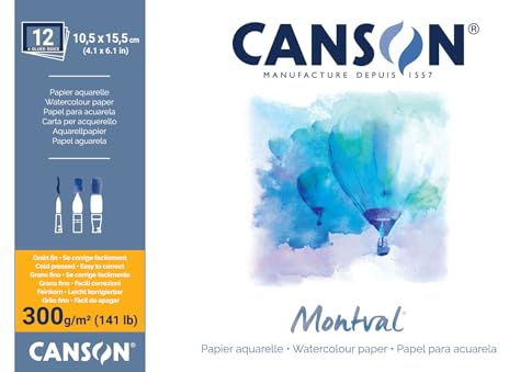 Canson Montval - Blocco per acquerello, guazzo, acrilico, collato 4 lati 24 x 32 cm, 12 fogli, 300 g/m² grana fine