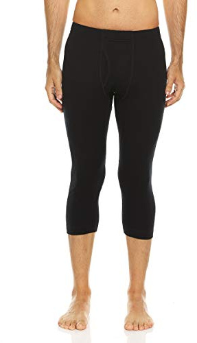 Merino Wool Three Quarter Skiing Base Layer Pants - Men's Thermal Bottoms - Black - X-Large
