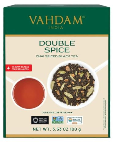 VAHDAM, Té Chai Masala Doble Especia (100 g, 50 tazas), FUERTE Y PICANTE, Ingredientes 100% Naturales - Té Negro, Cardamomo, Canela, Clavo, Pimienta Negra, Chai Latte