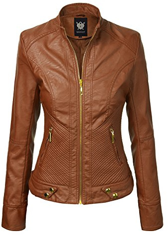 LL WJC747 Womens Dressy Vegan Leather Biker Jacket M CAMEL