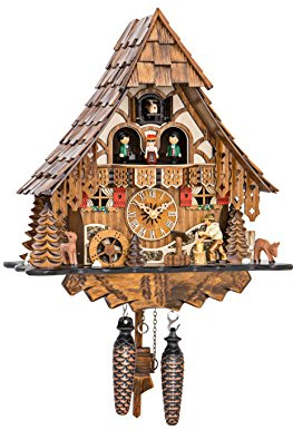 Engstler Quartz Cuckoo Clock Black Forest House with Moving Wood Chopper and Mill Wheel, with Music EN 4661 QMT