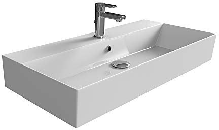 Aqua Bagno | Eckiges Design Waschbecken, hochwertige Keramik, Badezimmer, dünner Rand, hohe Qualität | 90 x 42 cm