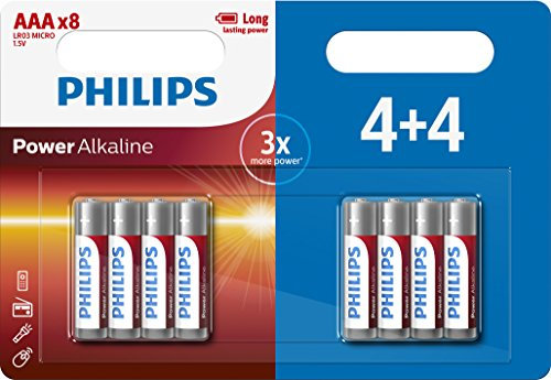 Philips Power Alkaline Batería LR03P8BP - Batería/Pila Recargable (Alcalino, 1,5V, AAA, 11g, Ampolla, 10,5 x 44,5 x 10,5 mm)