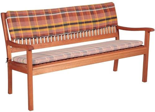 Doppler Bankauflage braun kariert I Rücken-Auflage 110x30x6cm für 2-er Bank I Polsterauflage aus Baumwolle & Polyester I Sitzbankauflage weich & bequem I Rückenkissen zum Festbinden an Sitzbank | Bankkissen für Gartenbank, 6cm dickes Polster mit Klettband, Baumwoll-Polyester-Mix, Made in Europa