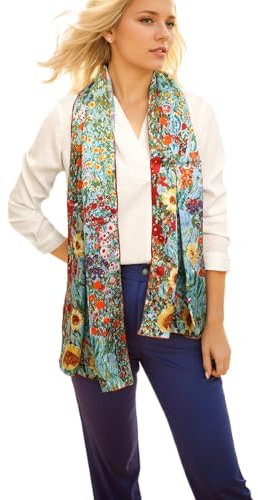 Prettystern Damen bunter Seidenschal - Gustav Klimt Jugendstil Kunstmotiv - eleganter Schal aus 100% Seide Farmgarten mit Sonnenblumen P929