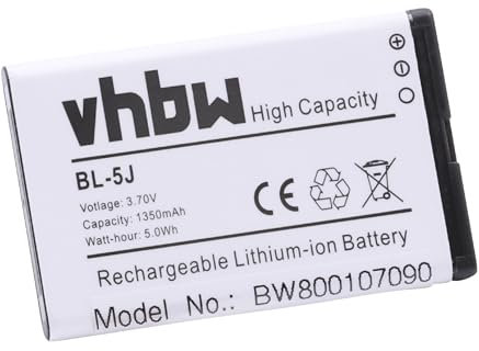 vhbw Li-Ion Akku 1350mAh (3.7V) kompatibel mit Handy Telefon Smartphone Nokia Lumia 520.2, 521, 525, 525.2, 526, 530, 530 Dual SIM Ersatz für BL-5J.