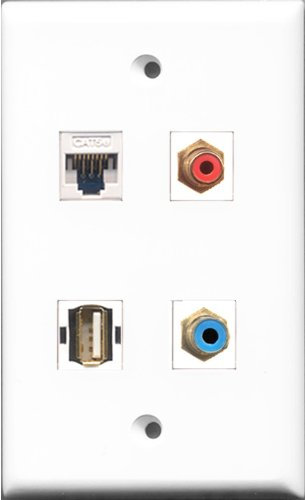 RiteAV 1 Port RCA Red and 1 Port RCA Blue and 1 Port USB A-A and 1 Port Cat5e Ethernet White Wall Plate Color blanco adaptador de cable