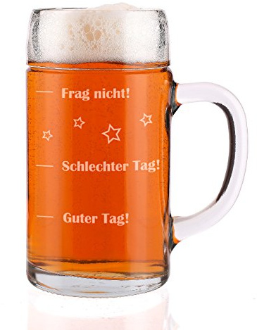 Herz & Heim® Bierkrug 1 Liter mit lustiger Gravur – XXL Bierglas mit Skala – Maßkrug aus Qualitätsglas – Stimmungsglas als lustiges Geschenk für Männer