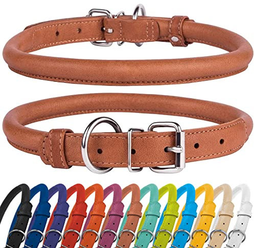 CollarDirect Rolled Leather Dog Collar, Soft Padded Round Puppy Collar, Handmade Genuine Leather Collar Dog Small Large Cat Collars Black Pink Red Purple Blue (Fits 15-18 Neck, Brown)