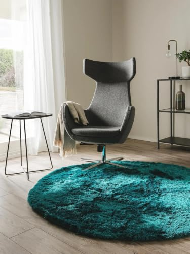 benuta Nest Hochflorteppich Whisper - Türkis rund 160 cm - Kuschelig Weicher Teppich für Schlaf- und Wohnzimmer - Pflegeleicht - Fußbodenheizung Geeignet
