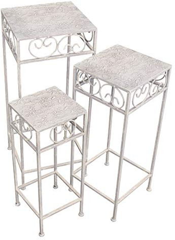 PrimoLiving Set of 3 Square Metal Flower Stool/Side Table Shabby Chic Antique Grey