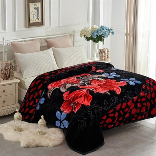 Schwere koreanische Nerz-Fleecedecke – 2-lagig, wendbar, 520 g/m², seidig weich, Plüsch, warme Decke für Herbst und Winter | Plüschdecke im koreanischen Stil, A&B Blumendruck, seidig warm, geprägte Decke für Herbst, Winter, schwarze Rose und Lilie