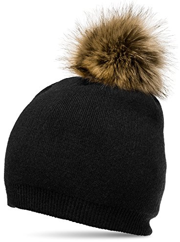 Caspar MU187 elegante Damen Feinstrick Mütze Bommelmütze mit Fellbommel