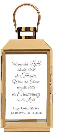 Casa Vivente Gedenklaterne aus goldenem Edelstahl mit Gravur für das Grab, Trauerlicht mit Inschrift, Personalisiert mit Namen und Datum, Grablicht für Trauer