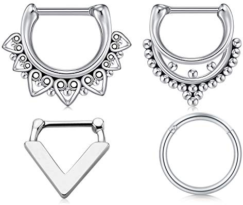 Briana Williams 4 Pezzi Septum Clicker Piercing al Naso Vintage 16G Cerchio Segmento incernierato da 8mm in Acciaio Inossidabile