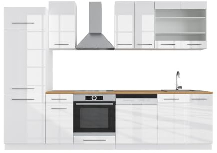 Vicco Küchenzeile Fame-Line, Weiß Hochglanz/Weiß, 300 cm | 8 Module · Höhenverstellbare Füße · Ohne Arbeitsplatte · MDF-Fronten · Softclose · Metallgriffe