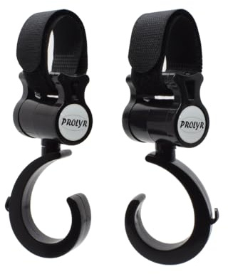 Prolyr® Gancho silla paseo carrito bebé - Pack 2, Colgador bolsas, bolsos, mochilas, etc., Multiusos, Ajuste universal e Instalación en segundos, Rotación 360° (Negro).