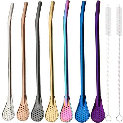 XUBX 7 Stück Strohhalme Löffel mit 2 Reinigungsbürsten, Wiederverwendbare Edelstahl Trinkhalme, 2 in 1 Metall Löffel-Strohhalme, Trinklöffel Teefilter Metallstrohe