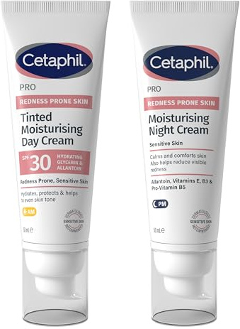 Cetaphil PRO Tinted Moisturising Day Face Cream SPF30 and Night Facial Cream 50ml, Skincare Set, For Sensitive & Redness Prone Skin, dermatologist recommended