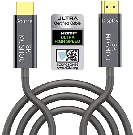 MOSHOU 8K HDMI 2.1 Cable de fibra óptica certificada de larga distancia Home Office Cableado 48 Gbps 8K@60Hz 4K@120Hz HDR dinámico/eARC/HDCP 2.3 para PS5, Xbox, ordenador portátil, HDTV (8m/26.2ft)