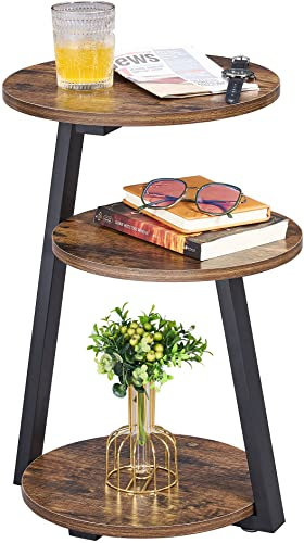 BEWISHOME Small Round Side Table, 3-Tier End Table with Storage Shelves