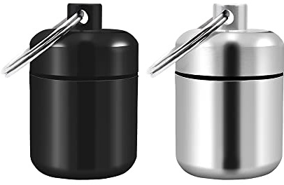 2PCS Pillendose Schlüsselanhänger Wasserdicht, Aluminium tragbare Pillendose Schlüsselanhänger Klein Pillenbox Schlüsselanhänger Tablettenbox für Reise Camping Angeln Speicherung (2 Farben)