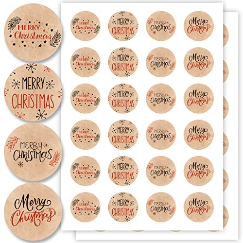 Aufkleber für Weihnachten (48 Sticker) - Weihnachtsaufkleber zum Beschriften für Geschenke - Weihnachtssticker Rund - Weihnachts Etiketten für Beschriftung - Selbstklebend - Kraftpapier-Optik Floral
