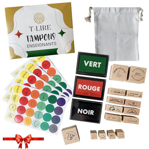 Tampon enseignant Français. Boite de 15 Tampons enseignants personnalisé, 3 encres, 200 gommettes, EBOOK OFFERT. Cadeau institutrice, maîtresse, Professeur École, Maître. Idéal pour Motiver les élèves