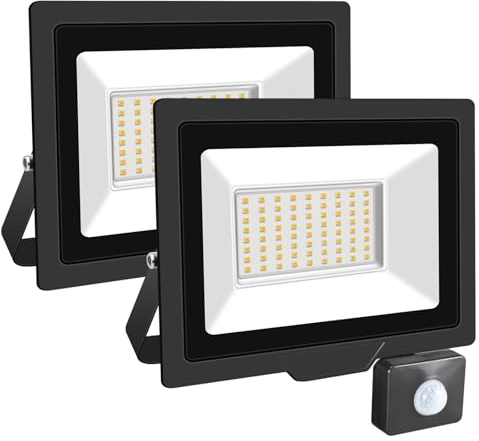 SKYWORLD Security Lights Outdoor Motion Sensor Led 50W, 5000LM Floodlights with PIR Sensor IP66 Waterproof Ultra Thin Garden Light Warm White 5000K for Construction Site, Backyard, Garage 2PCS