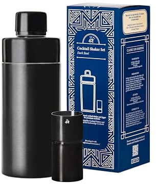Gin 42 | Set shaker da cocktail in acciaio inox nero | Design unico | 500 ml | Shaker e jigger | Lavabile in lavastoviglie | Ideale come regalo o per la casa