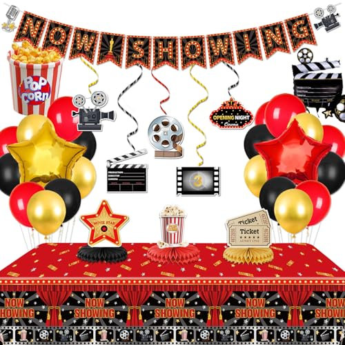 Décorations de soirée cinéma, comprend maintenant une bannière, des tourbillons à suspendre sur le thème du film, une nappe, des centres de table en nid d'abeille, des ballons pour fête de cinéma,