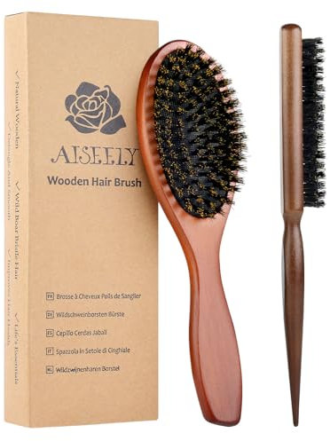 AISEELY Spazzola con Setole di Cinghiale, 2 Pezzi Spazzola Cinghiale per Capelli Naturale, Professionale Pettini con Spazzola per Coda Tirata per Pettinare Capelli Lisci Ricci e Cura Quotidiana