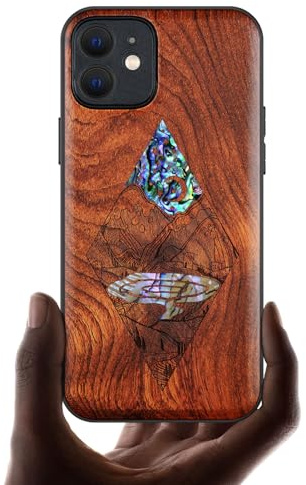 Carveit Étui Magnétique pour iPhone 12 Coque Luxe Cover [Gravure en Bois et Incrustation de Coquille] Etui Compatible avec Apple 12 Magsafe Artistique Case (Rosé-Nuit étoilée)