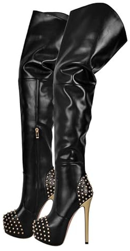 blingqueen Plateau Overknee für Damen Stiletto Stiefel mit Nieten | Runde Zehen, Metallische Nieten, Zipper Boots, mit Reißverschluss, Lederoptik, für Party Club Bühne