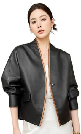 Damen-Jacke aus echtem Schaffell, V-Ausschnitt, Streetwear, lockere Passform, Schwarz, Schwarz, XXL