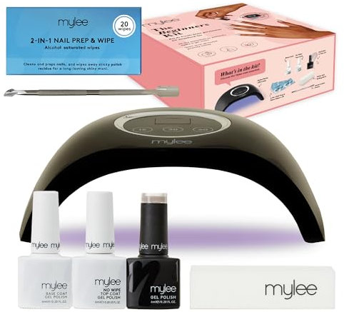 mylee Gel-Nagellack-Einsteigerset – enthält LED-Nagellampe, 1x Gel-Nagellackfarbe, Basislack + nicht abwischbarer Überlack, 20x Prep & Shine Wipes, Nagelhautschieber, Nagelpuffer