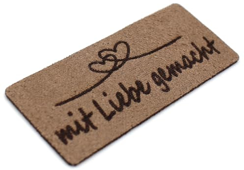 VmG-Store 10x Labels zum Aufnähen Stoff Etiketten aus Wildleder Optik Tags Textiletiketten für Kleidung und Applikation LS01 (15 mit Liebe gemacht, 10er Set)