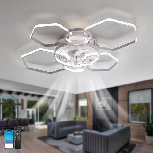 Fachae Kreativ Lampe Mit Ventilator 6 Seiten Typ Deckenventilator Mit Beleuchtung Und Fernbedienung Leise 6 Gang Reversibel Groß Deckenlampe Mit Ventilator 72W/130W Timer Memory-Funktion-White||103CM