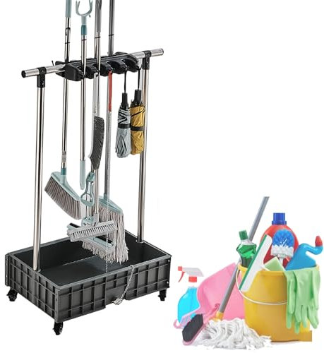 Mobile Mop and Broom Holder Cleaning Supplies for Housekeeping Mop Bucket Cleaning Carts on Wheels Garden Tool Organizer Mop Drain Rack Umbrella Stand for Garage,Schools,Hospitals,Hotels (Size : 8 sl