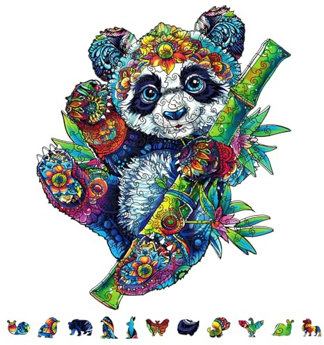 GLOBLELAND 200Pcs Panda Wooden Jigsaw Puzzles for Adults 13x10.9inch Cute Panda Wood Puzzle Colorful Unique Shaped Wooden Puzzle for Christmas Birthday Gifts