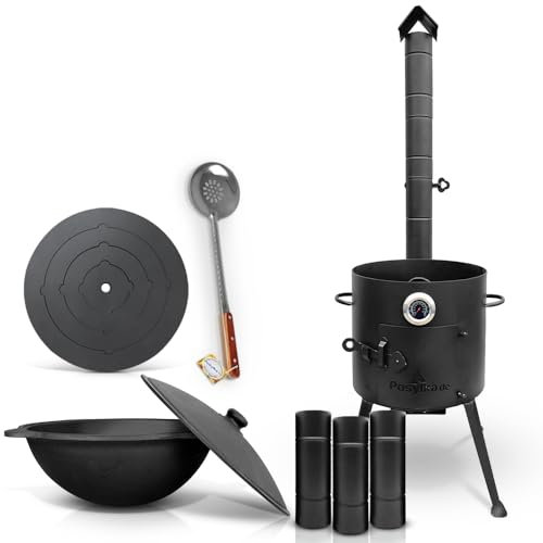 Horno de fuego de 36 cm de diámetro con termómetro, tubo de extensión y placa de cocina, 4 anillas, 40 cm, hierro fundido, Kazan, 10 L, base redonda con tapa, diámetro de 36,7 cm, cuchara espumosa